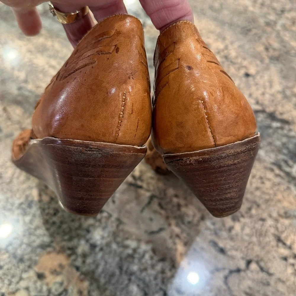 Elegant Tan Leather Peep-Toe Wedges